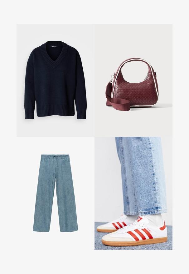 Jersey de punto azul marino oscuro con cuello en V, mangas largas y puños y bajo acanalados, exhibido sobre un fondo liso.; Pantalones de pierna ancha a rayas azul claro con cintura elástica y cordón, que cuentan con dos bolsillos frontales y una tela suave y texturizada.; Zapatillas de cuero blancas con rayas y detalles rojos. Cuentan con una suela de goma texturizada y un collar acolchado. Llevadas con denim azul claro.; Bolso de mano de cuero tejido color granate con asa curva, ribete blanco, cremallera plateada y correa desmontable de tela ancha para el hombro sobre fondo liso.