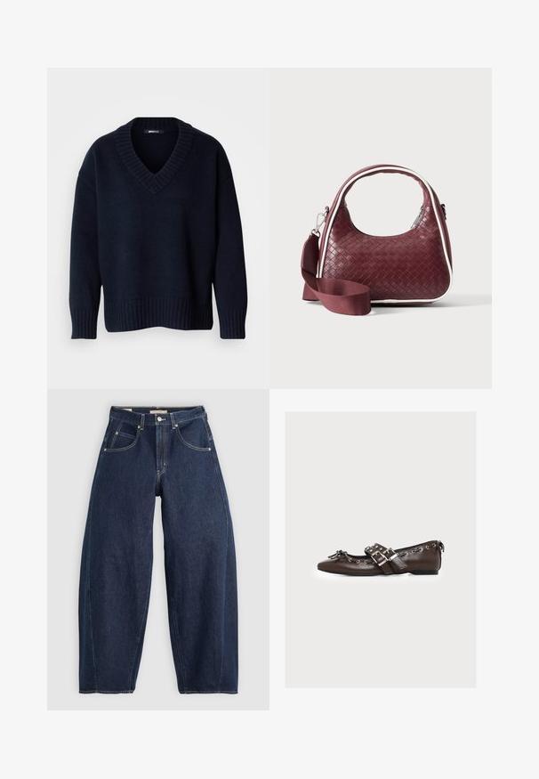 Donker marineblauwe V-hals trui met lange mouwen en geribbelde boorden aan mouwen en zoom, getoond op een effen achtergrond.; Donkerblauwe denim jeans met een losse fit, lichte stiksels, vijf zakken en een knoopsluiting op de taille.; Bruine leren platte schoen met dubbele zilveren gespen, decoratieve veters langs de randen en een kleine strik op de puntige neus.; Donkerrode geweven leren handtas met gebogen handvat, witte bies, zilveren rits en afneembare brede stoffen schouderriem tegen een effen achtergrond.