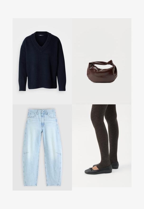 Donker marineblauwe V-hals trui met lange mouwen en geribbelde boorden aan mouwen en zoom, getoond op een effen achtergrond.; Lichtblauwe denimjeans met een ontspannen pasvorm, voorzien van een hoge taille, vijf-pocketontwerp en subtiele vervaging met rafelige zoomdetails.; Benen met donkere geribbelde leggings gecombineerd met zwarte ballerina's met kleine strikdetails op een witte achtergrond.; Donkerbruine leren schoudertas met een zachte, slungelige vorm en een gedraaide knoopvormige handgreep op een effen witte achtergrond.