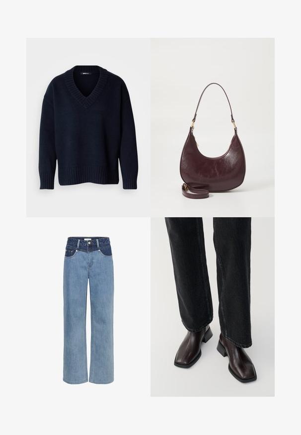 Donker marineblauwe V-hals trui met lange mouwen en geribbelde boorden aan mouwen en zoom, getoond op een effen achtergrond.; Lichtblauwe denim wijde jeans met een hoge taille, vijf-pocket ontwerp en een contrasterende donkerblauwe patch aan de voorkant.; Bruine leren enkellaarsjes met een vierkante neus en blokhak, gecombineerd met zwarte wijde jeans. Glad textuur en minimalistisch ontwerp.; Bordeaux leren schoudertas met een gebogen vorm, ritsluiting en een afneembare strap. Kenmerkt zich door een gladde textuur en gouden hardware accenten.