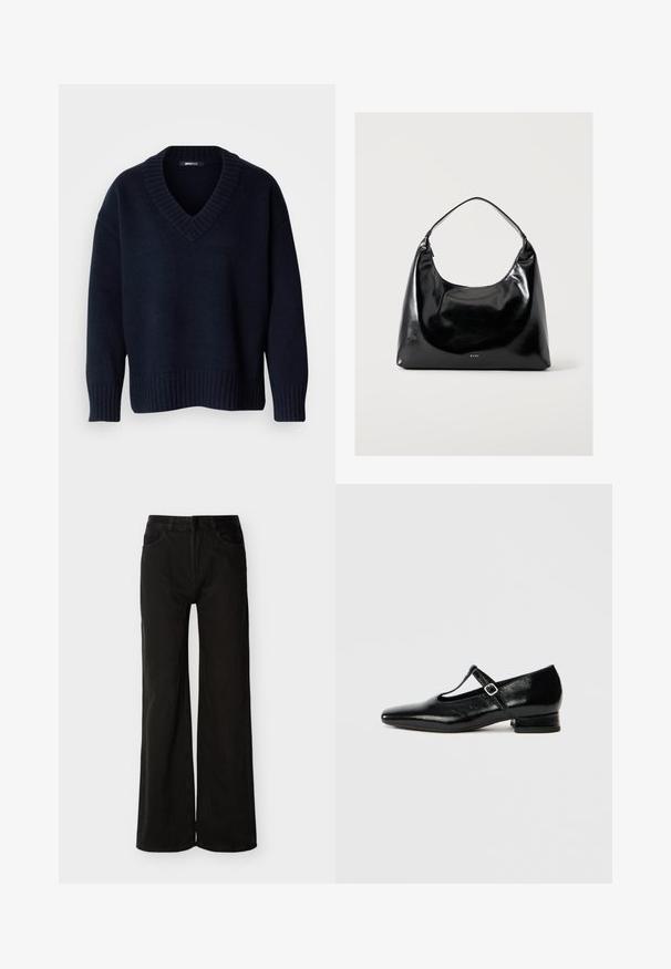 Pull bleu marine foncé à col en V avec manches longues et poignets et ourlet côtelés, présenté sur un fond uni.; Jean denim noir à taille haute et jambes larges, avec fermeture à bouton et fermeture éclair à l'avant, poches avant et arrière, présenté sur fond blanc.; Chaussures Mary Jane en cuir noir avec bout pointu, petit talon carré et bride ajustable avec une boucle argentée. Texture lisse et brillante.; Sac à épaule noir brillant avec une seule bandoulière et un petit logo "RAID" en bas au centre sur un fond clair uni.