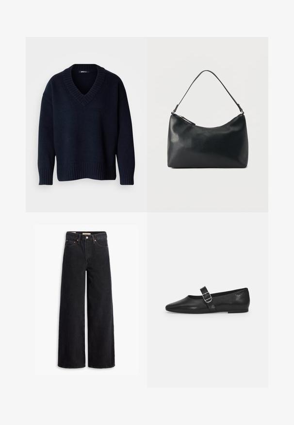 Dunkelblauer V-Ausschnitt-Pullover mit langen Ärmeln und gerippten Bündchen und Saum, vor neutralem Hintergrund präsentiert.; Schwarze weite Jeans aus Denim mit fünf Taschen, Kupferrivets und einem klassischen Knopfverschluss. Glatte Textur mit einem klaren Design.; Schwarzer Lederflatschuh mit runder Zehenform, einem verstellbaren Schnallenriemen und einer glatten, glänzenden Oberfläche. Minimalistisches Design mit einem niedrigen Absatz.; Schwarze Schultertasche aus strukturiertem Leder mit gewölbtem Reißverschluss oben und einem verstellbaren Riemen vor einfarbigem Hintergrund.