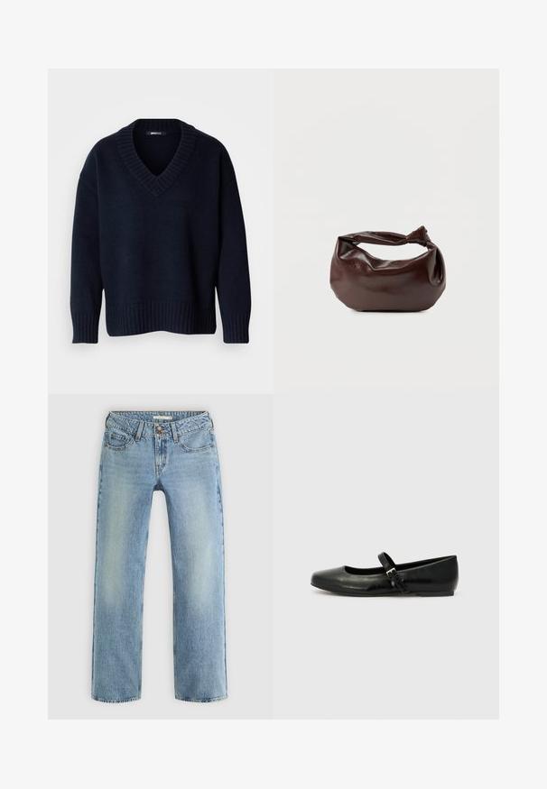 Pull bleu marine foncé à col en V avec manches longues et poignets et ourlet côtelés, présenté sur un fond uni.; Jeans droits bleu clair en denim, dotés d'une fermeture à bouton, de cinq poches et d'un léger dégradé le long des jambes.; Ballerines en cuir noir avec un bout arrondi, une semelle plate et une fine sangle ajustable sur le cou-de-pied avec une boucle en métal.; Sac bandoulière en cuir marron foncé avec une forme souple et décontractée et une anse nouée torsadée sur un fond blanc uni.