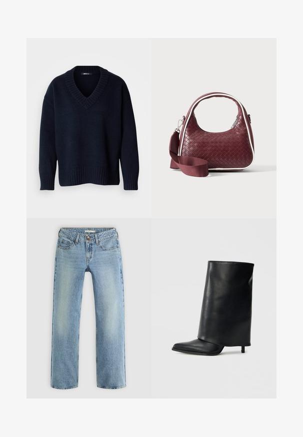 Donker marineblauwe V-hals trui met lange mouwen en geribbelde boorden aan mouwen en zoom, getoond op een effen achtergrond.; Lichtblauwe rechte jeans van denim, met een knoopsluiting, vijf zakken en subtiele vervaging langs de benen.; Zwarte leren enkellaars met een gestructureerd, omgeslagen ontwerp, een spits toelopende neus en een dunne hak. Gladde textuur met minimale details.; Donkerrode geweven leren handtas met gebogen handvat, witte bies, zilveren rits en afneembare brede stoffen schouderriem tegen een effen achtergrond.