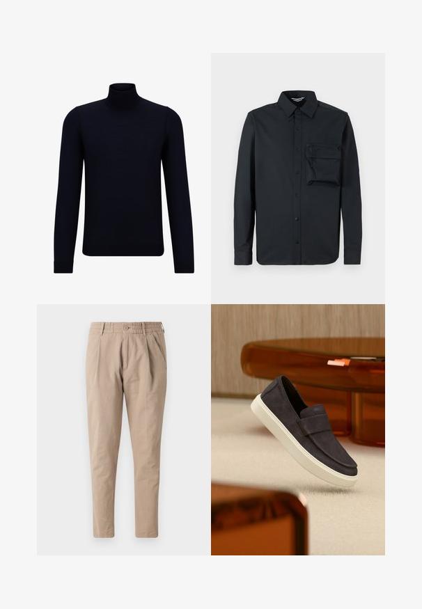 Mørkeblå turtleneck sweater lavet af fint strikstof, med lange ærmer og en tætsiddende, høj halsudskæring. Ingen synlige mønstre eller detaljer.; Sort langærmet skjorte lavet af glat stof. Har krave med knaplukning og en brystlomme til venstre med lynlås. Klassisk pasform.; Beige bomuldsbukser med afslappet pasform, elastisk talje, knaplukning og sidelommer. Glat tekstur, tapered ben design.; Mørkegrå ruskindssko uden snørebånd med hvid sål, svævende over beige tæppe, med ravfarvet gennemsigtigt møbel i baggrunden.