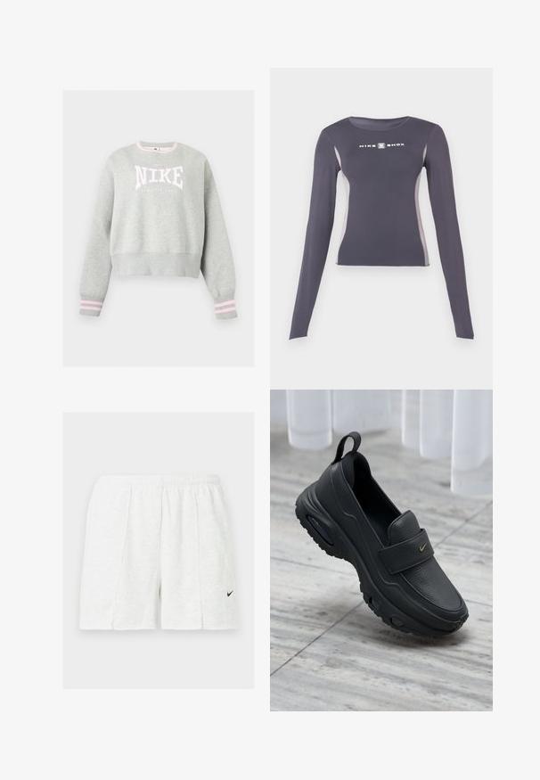 Lysegrå Nike sweatshirt med pink og hvidt logo, ribstrikkede manchetter med pink striber og ribstrikket rund halsudskæring.; Mørkegrå langærmet tætsiddende atletiktrøje med lysegrå sidepaneler og hvidt "Nike Shox" logo på brystet.; Hvide atletikshorts med elastisk taljebånd og sort Nike-swoosh-logo på venstre ben, vist på ensfarvet baggrund.; Sort læder slip-on sko med flad sål, tekstureret finish, polstret overdel og guldfarvet logo-accent. Designet for komfort og nem påtagning.