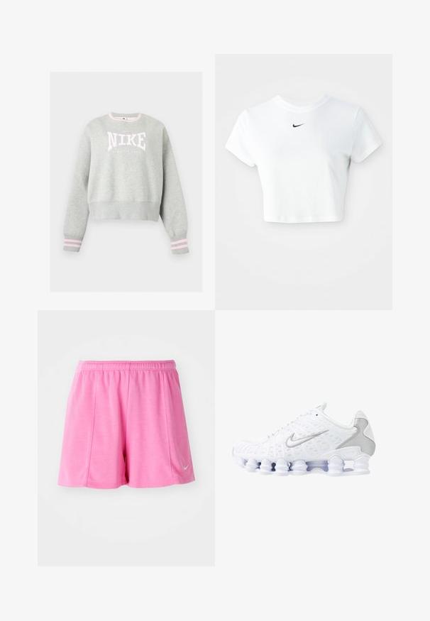 Svetlošedá mikina Nike s ružovo-bielym logom, rebrovanými manžetami s ružovými pruhmi a rebrovaným okrúhlym výstrihom.; Biely skrátený tričko vyrobené z bavlny, s krátkymi rukávmi a okrúhlym výstrihom, s čiernym logom Nike na hrudi.; Ružové športové šortky vyrobené z mäkkého materiálu, s elastickým pásom a bočným logom. Rovno strihaný dizajn s hladkou textúrou.; Biele športové topánky s jemnou sieťovinou na hornej časti, striebornými detailmi a jedinečným dizajnom podpätka v tvare cievky. Majú polstrovaný golier a šnurovanie pre lepšie udržanie na nohe.