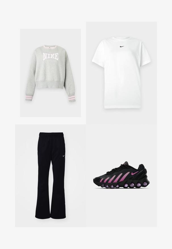 Lichtgrijze Nike sweat met roze en wit logo, geribde manchetten met roze strepen en een geribde ronde hals.; Witte korte mouwen crew neck T-shirt met een klein zwart Nike swoosh-logo gecentreerd onder de ronde hals.; Zwarte joggingbroek met een elastische tailleband, uitlopende pijpen, twee zijzakken en een wit Nike-logo aan de linkerkant.; Zwarte en roze Nike sneakers met een bovenwerk van mesh, gebogen ontwerp en ronde paarse demping bij de zool en zijkanten.