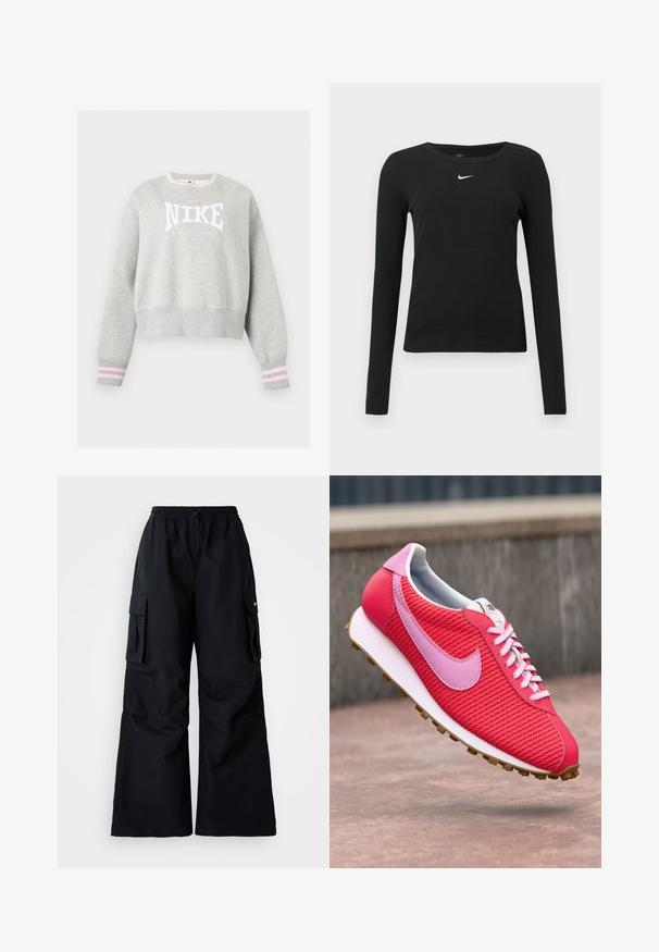 Vaaleanharmaa Nike-collegepaita, jossa on vaaleanpunainen ja valkoinen logo, vaaleanpunaisilla raidoilla olevat resorihihansuut ja resorinen pyöreä pääntie.; Musta pitkähihainen vartalonmyötäinen paita ribbineuloksesta, pyöreällä pääntiellä ja hillityllä valkoisella Nike-logolla rinnassa.; Mustat cargo-housut, joissa on leveät lahkeet, elastinen vyötärö, säädettävä nyöri ja kaksi sivutaskua. Valmistettu sileästä, kevyestä kankaasta.; Kirkkaan vaaleanpunainen ja punainen neulottu lenkkari, jossa on vaaleanpunainen logo ja nauhat, valkoinen pohja ja ruskea kulutuspinta leijuu betonipinnan yllä.