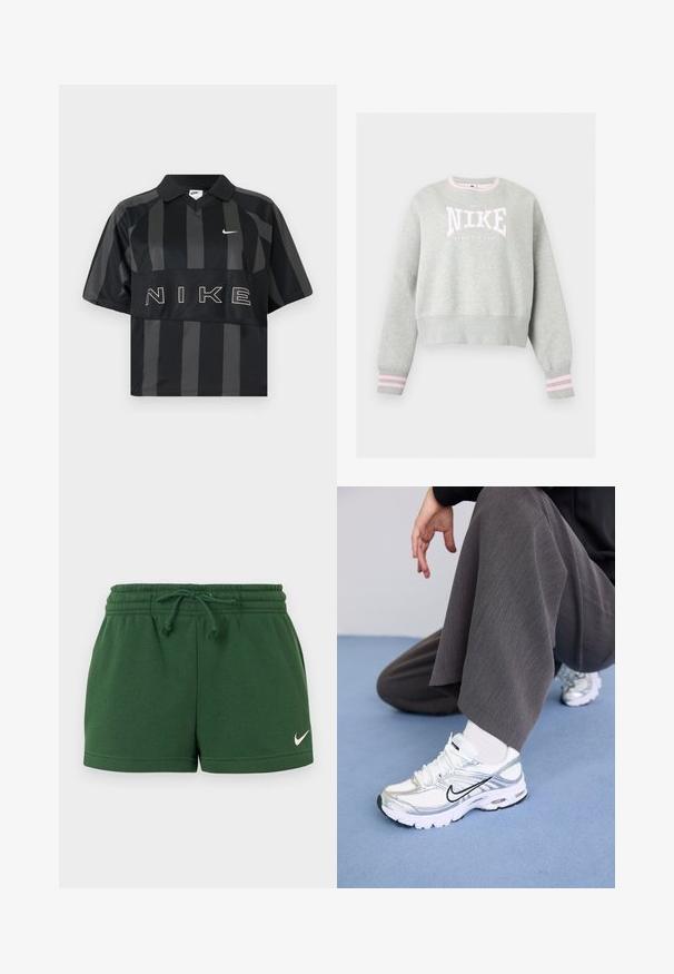 Sweat-shirt Nike gris clair avec logo rose et blanc, poignets côtelés avec bandes roses et encolure ronde côtelée.; Polo Nike manches courtes à rayures verticales noires et gris foncé, col, virgule Nike blanche et grand texte NIKE sur la poitrine.; Shorts de sport verts en tissu mélange de coton, dotés d'une ceinture élastique, d'un cordon de serrage et d'un logo Nike blanc sur le côté.; Baskets de sport blanches et argentées avec des matériaux en maille et synthétiques, dotées de lignes d'accent noir, de lacets et de semelles texturées.