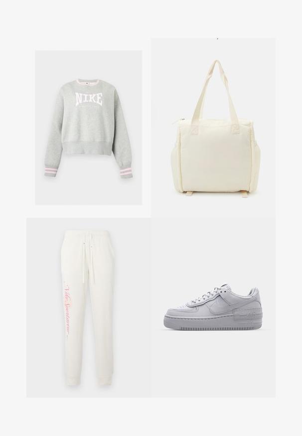 Sweat-shirt Nike gris clair avec logo rose et blanc, poignets côtelés avec bandes roses et encolure ronde côtelée.; Pantalon de survêtement blanc avec une coupe fuselée, arborant un logo "Nike Sportswear" rose sur la jambe gauche et une taille élastique avec cordons de serrage.; Basket en cuir lisse gris Nike Air Force 1 avec un bout perforé, une semelle épaisse et un détail 'AIR' en relief sur le talon.; Sac fourre-tout de couleur crème avec une texture douce et matelassée et deux poignées solides. Il dispose d'une fermeture éclair et de poches latérales pour un rangement supplémentaire.