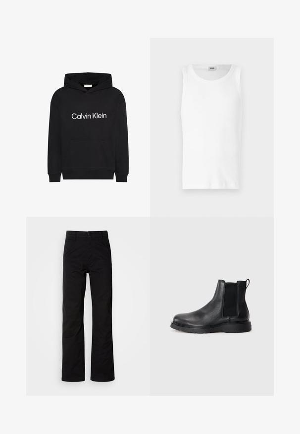 Schwarzer Hoodie mit Fronttasche und weißem „Calvin Klein“-Logo mittig auf der Brust, mit Kordelzugkapuze und langen Ärmeln.; Weißes Baumwoll-Tanktop ohne Ärmel mit Rundhalsausschnitt und glatter Textur. Einfaches Design, ohne Muster oder Akzente.; Schwarze Baumwollhosen mit geradem Bein, ausgestattet mit einem Knopfverschluss und Gürtelschlaufen. Glatte Textur und minimalistischer Stil ohne sichtbare Muster.; Schwarze Leder-Chelsea-Boots mit strukturiertem Finish, elastischen seitlichen Einsätzen und einer robusten Gummisohle. Dezentes Branding an der Ferse.
