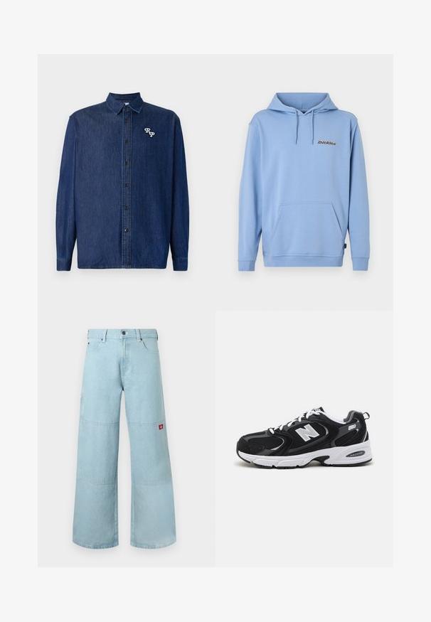 Lyseblå hættetrøje med frontlomme, snøre i hætten, ribbet ærmeafslutning og lille "Dickies"-logo på venstre bryst.; Mørkeblå denimskjorte med knappelukning foran, lange ærmer og spids krave. Har en hvid broderet "RP"-logo.; Lyseblå vidde jeans i denim med kontrastpatches. Har en frontknaplukning og en lille logopatch på sidelommen.; Sorte og grå sportssko med mesh og ruskind på overdelen, der har en hvid mellemsål, snørebånd og et iøjnefaldende "N" logo på siden.