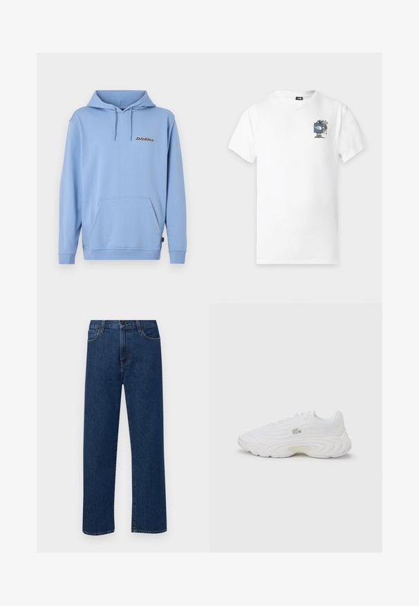 Svetlomodrá mikina s kapucňou, predným klokankovým vreckom, šnúrkou na stiahnutie kapucne, rebrovanými manžetami a malým logom „Dickies“ na ľavej strane hrudníka.; Biele tričko s krátkym rukávom s malou grafikou turistu držiaceho modrú značku s logom The North Face na ľavej strane hrudníka.; Tmavomodré rovné rifľové nohavice s prednými vreckami a zapínaním na gombík, vystavené na jednoduchom bielom pozadí.; Biele tenisky s textúrovaným horným dielom, okrúhlou špičkou a hrubou podrážkou. Majú šnúrky a malú logo na boku. Hladký povrch.