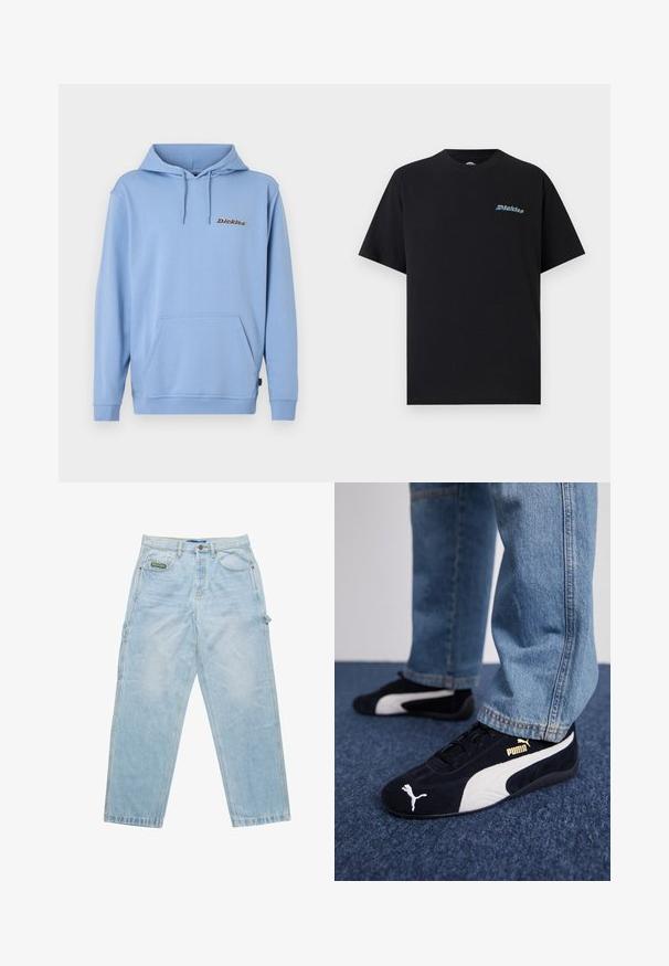 Lyseblå hættetrøje med frontlomme, snøre i hætten, ribbet ærmeafslutning og lille "Dickies"-logo på venstre bryst.; Sort T-shirt med korte ærmer og rund hals med lille multifarvet "Dickies"-logo på venstre bryst mod en ensfarvet baggrund.; Lysblå denim jeans med løs pasform, fem-lomme design og synlige sømme. Har et mærke på forlommen.; Sorte ruskinds sneakers med hvide detaljer og et guldlogo. Båret med lyseblå denimjeans og sat på en struktureret blå overflade.