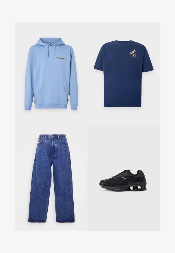 Lyseblå hættetrøje med frontlomme, snøre i hætten, ribbet ærmeafslutning og lille "Dickies"-logo på venstre bryst.; Marineblå t-shirt med korte ærmer og en lille samling af gule og hvide blomstergrafikker på øverste venstre bryst.; Bredde ben, blå denim jeans med høj talje, der har fem lommer, knaplukning og subtile blødgøringer for tekstur.; Sort atletiksko med mesh-overdel, polstret krave og markant støddæmpningsteknologi ved hælen. Har teksturerede detaljer og snørebånd.