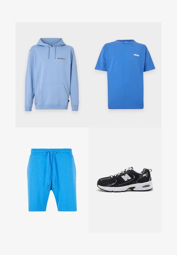 Hellblauer Kapuzenpullover mit Kängurutasche vorne, Kapuze mit Kordelzug, gerippten Bündchen und kleinem "Dickies"-Logo auf der linken Brust.; Blaues Baumwoll-T-Shirt mit Rundhalsausschnitt und kurzen Ärmeln. Es zeigt ein weißes "obey"-Logo auf der linken Brustseite. Schlichtes Design, keine Muster.; Blaue Baumwollshorts mit elastischem Bund, Kordelzugverschluss und dezentem grafischen Detail an der Seite. Glatte Textur und lockere Passform.; Schwarze und graue Sportschuhe mit Obermaterial aus Mesh und Wildleder, ausgestattet mit einer weißen Zwischensohle, Schnürsenkeln und einem markanten "N"-Logo an der Seite.