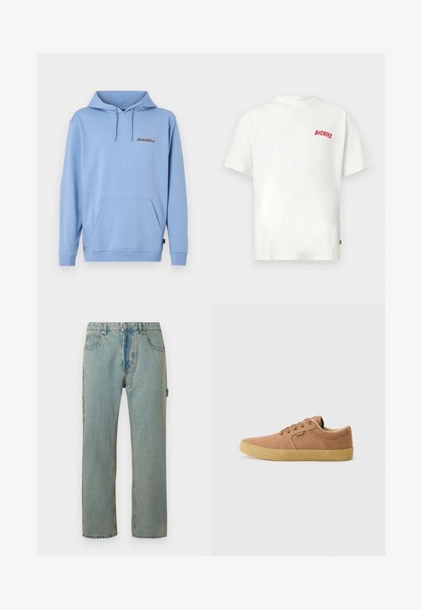 Hellblauer Kapuzenpullover mit Kängurutasche vorne, Kapuze mit Kordelzug, gerippten Bündchen und kleinem "Dickies"-Logo auf der linken Brust.; Weißes Baumwoll-T-Shirt mit kurzen Ärmeln und einem kleinen roten "DICKIES"-Logo auf der linken Brust. Lässiger, entspannter Schnitt.; Hellblaue, locker sitzende Denim-Jeans mit fünf Taschen, einem Knopfverschluss und sichtbaren Nähten. Der Stoff hat ein verblasstes, strukturiertes Aussehen.; Etnies BARGE - Sneaker low - brown/beige/gum