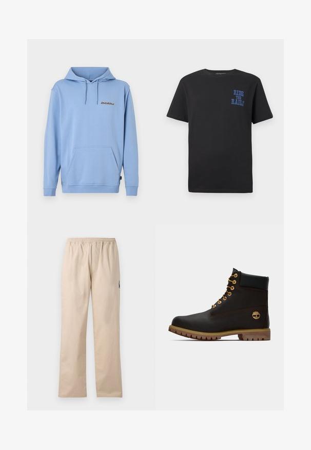 Svetlomodrá mikina s kapucňou, predným klokankovým vreckom, šnúrkou na stiahnutie kapucne, rebrovanými manžetami a malým logom „Dickies“ na ľavej strane hrudníka.; Čierne bavlnené tričko s krátkymi rukávmi s modrým textom "RIDE THE RAILS" na ľavom hrudníku. Okrúhly výstrih a klasický strih.; Béžové, ľahké, tkané nohavice s elastickým pásom. Obsahujú rovné nohavice a malý vyšívaný detail loga na boku.; Čierne kožené členkové topánky so zlatými očkami, hnedými akcentmi a gumovou podrážkou. Majú polstrovaný golier a embosované logo na boku.