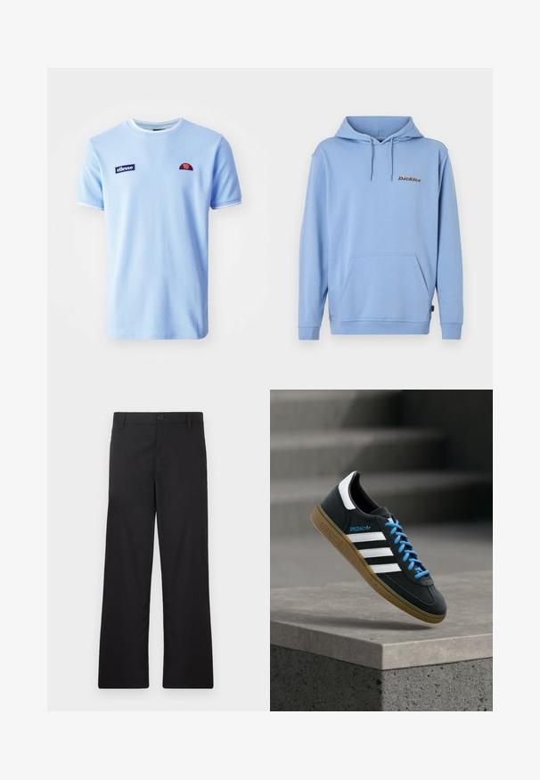 Sudadera con capucha azul claro con bolsillo frontal tipo canguro, capucha con cordón, puños acanalados y el pequeño logo "Dickies" en el pecho izquierdo.; Ellesse BELVIDER TEE - Camiseta estampada - light blue; Pantalones negros de corte recto, confeccionados en tela suave. Presentan un cierre frontal con botones y no tienen patrones ni detalles visibles.; Zapatilla negra Adidas con franjas blancas, cordones azules y suela de goma flotando sobre un escalón de hormigón gris con luz suave.