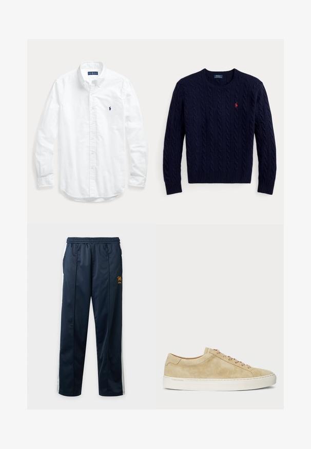 Navyblå kabelstrikket crewneck sweater med lange ærmer og et lille rødt broderet Polo Ralph Lauren-logo på venstre bryst.; Hvid skjorte med lange ærmer, knapper og krave, med lille mørkt logo på venstre bryst, lagt fladt på en lys baggrund.; Marineblå træningsbukser med hvide sidelister, elastisk linning, forlommer og et lille orange logo på højre lår.; Beige ruskinds sneakers med lav profil, rund tå og beige snørebånd. Har sål i hvid gummi og diskret branding på siden.