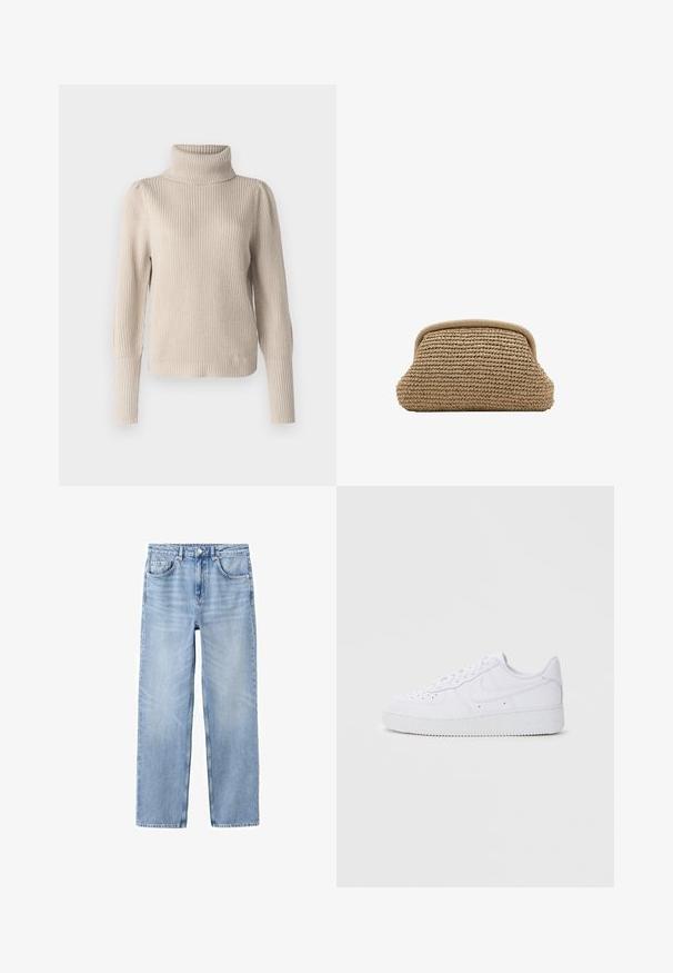 VILA Knitted Turtleneck - Pullover - feather gray; Jean en denim bleu clair avec une coupe droite, cinq poches, des surpiqûres contrastantes et une fermeture classique par bouton et fermeture éclair.; Baskets blanches Nike Air Force 1 avec tige en cuir, bout rond, fermeture à lacets, col rembourré et semelle en caoutchouc texturé.; Pochette tissée beige avec un bord supérieur arrondi et un extérieur doux et texturé, présentée sur un fond blanc.