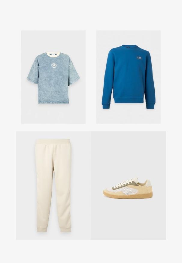 Sweat-shirt bleu à manches longues et col rond avec le logo EA7 Emporio Armani sur la poitrine côté gauche, avec poignets et ourlet côtelés.; T-shirt oversize bleu délavé à manches courtes avec une encolure ronde blanche et un petit logo circulaire délavé sur la poitrine.; Pantalons de survêtement beige clair fabriqués en tissu doux avec un design fuselé, une ceinture élastique et des poignets aux chevilles. Pas de motifs ou d'accents visibles.; Baskets basses en daim beige, panneaux en maille blanche, accents olive, lacets blancs et semelle en caoutchouc naturel sur fond gris clair.
