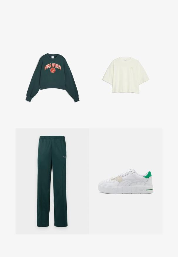 Mørkegrøn cropped sweatshirt med oversized ærmer, prydet med en iøjnefaldende "PUMA SPORTS" grafik i rød og gul over brystet.; Lyscreme cropped t-shirt lavet af blødt stof, med korte, brede ærmer og et subtilt Puma-logo i en matchende farve på forsiden.; Mørkegrønne sweatpants lavet af blødt stof, med elastisk talje og sidesømme, samt et lille logo foran.; Hvide sneakers med perforeret tå, beige accenter og grøn hældetalje. Chunky gummisål med horisontale linjer. Snørebåndsdesign.