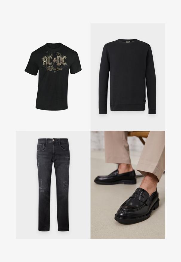Sudadera negra de manga larga con cuello redondo, puños y bajo acanalados, mostrada sobre un fondo blanco liso.; Camiseta de algodón negra con un estampado gráfico de "AC/DC" y "Rock or Bust" en letras estilizadas desgastadas con acentos de salpicadura.; Jeans de mezclilla negra con un corte recto, que presentan parches desgastados, cinco bolsillos, un pequeño botón de metal y trabillas para el cinturón en la cintura.; Mocasines de cuero negro con un acabado suave, que cuentan con una correa decorativa y costuras en contraste, combinados con pantalones beiges.