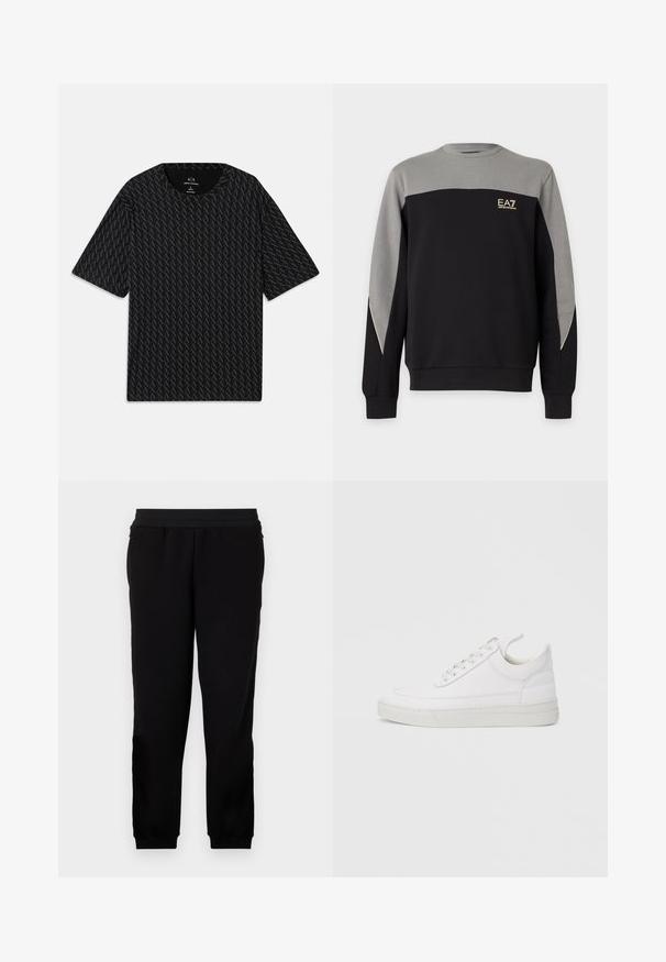 Langärmliges Sweatshirt mit Rundhalsausschnitt in Schwarz und Grau mit EA7 Emporio Armani Logo auf der linken oberen Brust.; Schwarzes T-Shirt mit einem strukturierten Muster von abwechselnden "A"-Logos, kurzen Ärmeln und rundem Halsausschnitt. Hergestellt aus leichtem Stoff.; Schwarze Sweatpants aus einem weichen Material, mit elastischem Bund, eng anliegenden Bündchen und Seitentaschen für zusätzlichen Komfort.; Weißer Ledersneaker mit abgerundetem Zehenbereich, flacher Sohle und Schnürverschluss. Verfügt über Nahtdetails und einen gepolsterten Kragen für zusätzlichen Komfort.