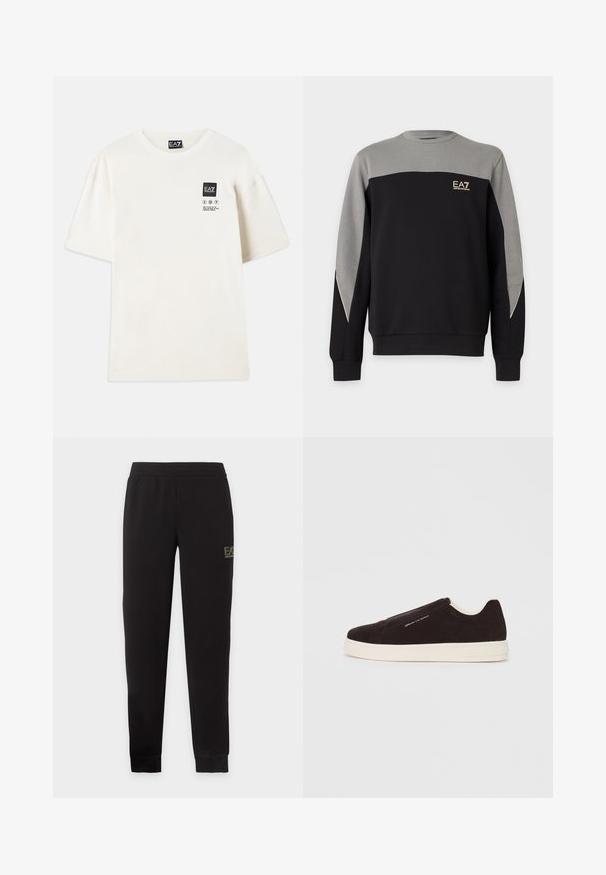 Musta-harmaa pitkähihainen pyöreäkauluksinen collegepaita, jossa EA7 Emporio Armani -logo rinnan ylävasemmalla puolella.; Lyhythihainen t-paita vaaleasta puuvillasta, jossa on musta suorakulmainen logopatch ja hoito-ohjeet painettuna mustalla rinnassa.; Mustat kapealahkeiset collegehousut, joissa on joustava vyötärönauha ja resorit, ja pieni EA7 Emporio Armani -logo oikean reiden yläosassa.; Musta mokkanahkapohjallinen slip-on-kengät, joissa on valkoinen kumipohja, sileä pinta ja hillitty brändäys sivussa. Klassinen muotoilu ja rakenne.