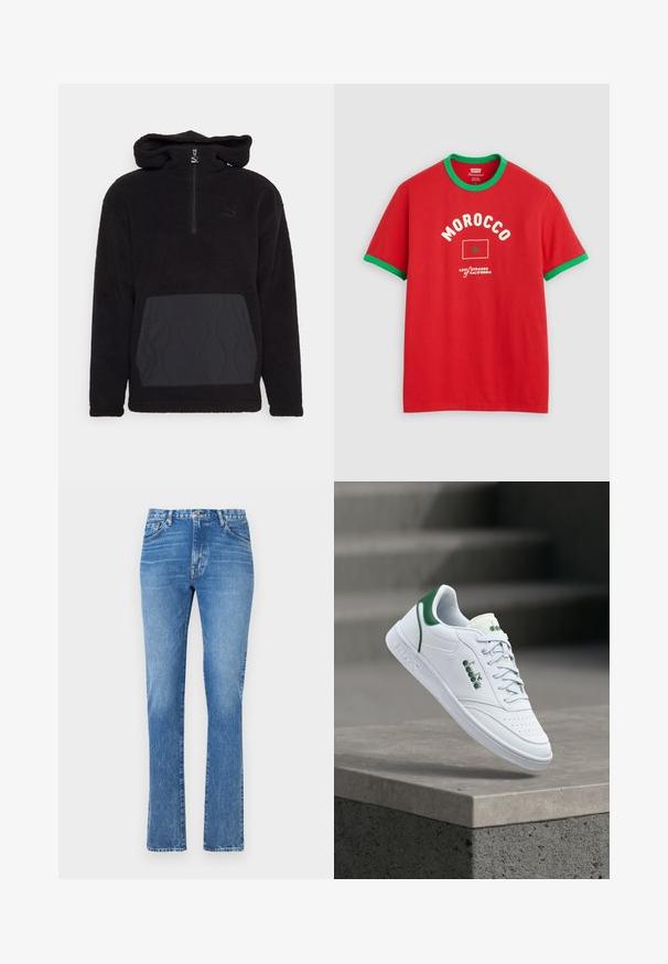 Mustat fleece-huppari, jossa on neljännesvetoketju, teksturoitu kangas ja sileä musta tasku, jossa on aaltoilu kuvio. Huomaamaton logo-yksityiskohta.; Punainen lyhythihainen t-paita, jossa vihreä kaulus ja hihansuut, edessä teksti "MOROCCO", Marokon lippu ja Levi Strauss California -logo.; Vaaleansiniset farkut suoralla lahkeella, keskikorkealla vyötäröllä ja viiden taskun tyylillä. Ompeleet ovat näkyvissä ja suljenta tapahtuu napilla.; Valkoinen nahkainen lenkkari vihreillä yksityiskohdilla. Edessä rei'itetty kärki, nauhallinen kiinnitys ja kuvioitu kumipohja. Leijuu betonipinnan yläpuolella.