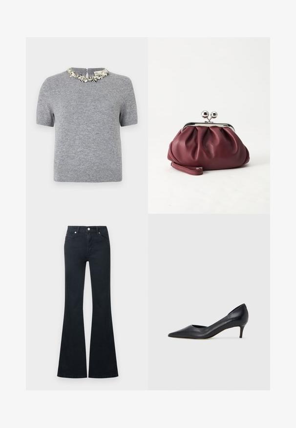 Pull en gris à manches courtes avec un tissu texturé. Présente un col orné de perles et une fermeture éclair au dos.; Jean en denim noir évasé avec une taille haute, cinq poches et une fermeture à bouton métallique. Texture lisse et détails de couture contrastés.; Escarpin en cuir noir avec un bout pointu et un talon bas. Présente une texture lisse et un éclat subtil. Découpe ouverte à l'avant pour un détail supplémentaire.; Petit sac pochette en cuir bordeaux avec fermoir métallique argenté et bracelet sur fond blanc.
