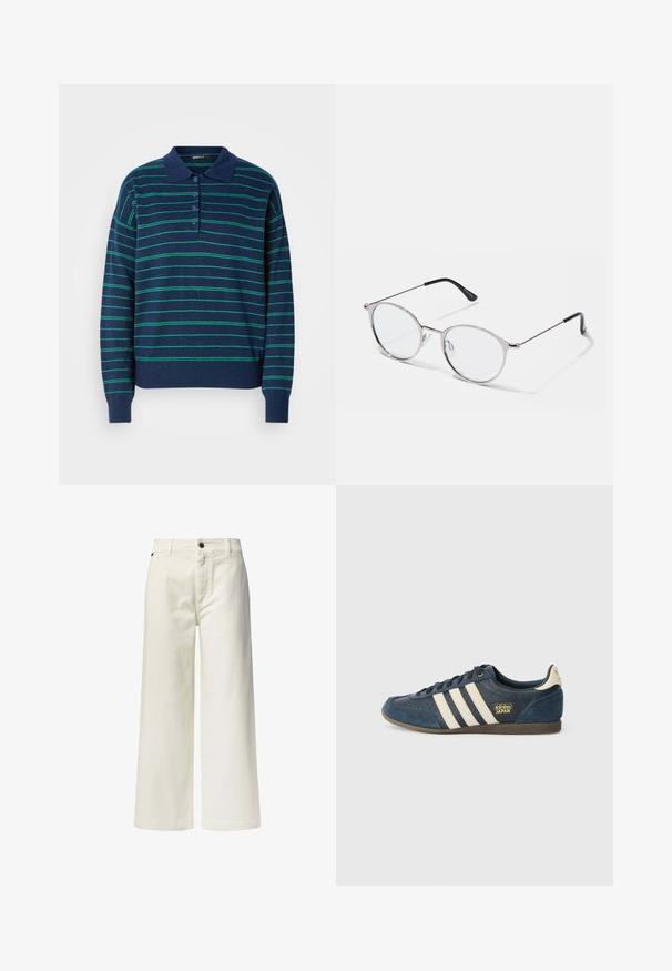 Suéter polo azul marino con rayas verdes horizontales, un cuello clásico y una tapeta de botones. Textura suave con puños y dobladillo acanalados.; Pantalones blancos de pierna ancha hechos de algodón, con bolsillos frontales, cierre de botón y un diseño limpio y sin adornos.; Zapatillas de ante azul marino con rayas crema, zona de punta texturizada, logo dorado "adidas JAPAN" y suela de goma marrón. Diseño clásico de corte bajo.; Gafas de sol plateadas metálicas con lentes redondos y un marco delgado. Las puntas de las patillas en negro aportan contraste. Incluyen almohadillas nasales ajustables.
