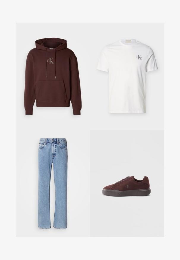 Brun hættetrøje lavet af bomuldsblanding med en frontlomme. Har et gråt logo trykt i midten.; Hvid kortærmet T-shirt i bomuld med lille gråt "Calvin Klein"-logo på venstre bryst, rund hals og almindelig pasform.; Lyseblå denimjeans med lige ben design, fem lommer og knaplukning. Syninger nær lommer og talje.; Burgunderfarget ruskindssneaker med gummisål, der har runde snørebånd og en subtil præget logo på siden til branding.
