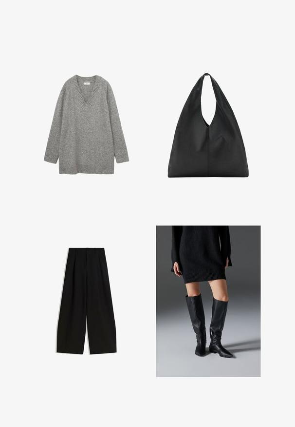 Grå strikket sweater med v-hals, lange ærmer, ribbede manchetter og kant. Blød tekstur, afslappet pasform og ingen synlige mønstre eller grafikker.; Sorte bredbenede bukser lavet af glat stof, med høj talje, læg foran, og uden synlige dekorationer eller mønstre.; Sorte læderstøvler over knæet med spidse tæer, flade såler og lynlåse i siden. Glat tekstur, elegant design uden pynt.; Sort skuldertaske i læder med stort, blødt design og et dybt, aflangt udskåret håndtag for nem bæring. Glat tekstur, minimalistisk stil.