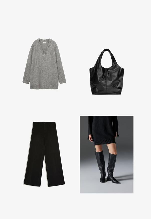 Grauer gestrickter Pullover mit V-Ausschnitt, langen Ärmeln, gerippten Bündchen und Saum. Weiche Textur, lockere Passform und keine sichtbaren Muster oder Grafiken.; Schwarze Hosen mit weitem Bein, Gürtelschlaufen, Knopfverschluss vorne und Reißverschluss, flach auf weißem Hintergrund ausgelegt.; Schwarze Lederstiefel über dem Knie mit spitzen Zehen, flachen Sohlen und seitlichen Reißverschlüssen. Glatte Textur, elegantes Design ohne Verzierungen.; Schwarze Leder-Tote mit glatter Textur, weichem, abgerundetem Oberteil und breiten Tragegriffen. Merkmale minimale Nähte und eine lässige Silhouette.