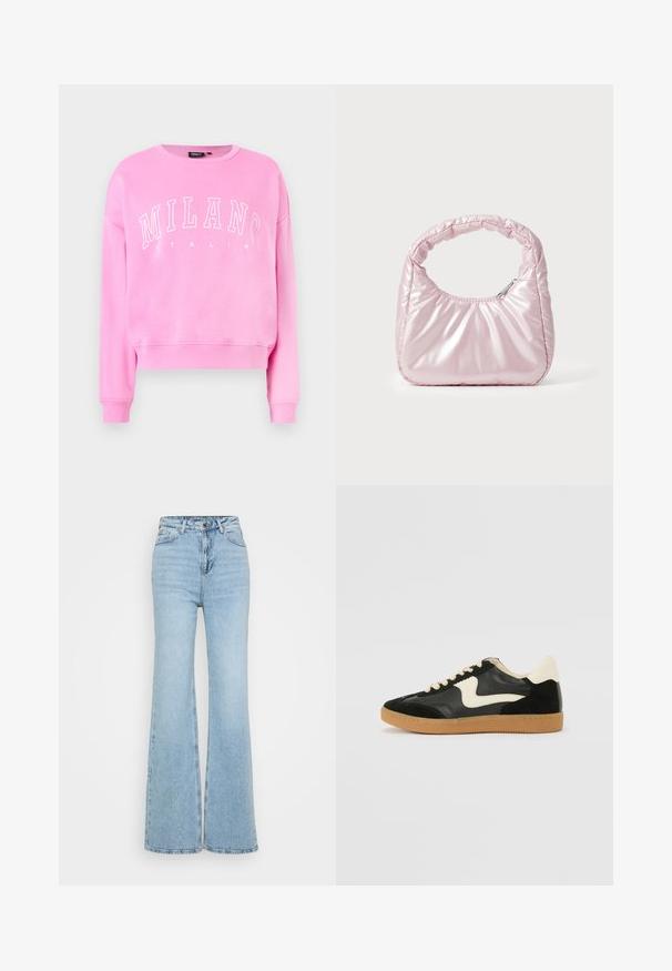 Lyserød sweatshirt lavet af blødt stof med rund hals og sænkede skuldre. "MILANO ITALIA" trykt i hvidt henover forsiden.; Lyseblå vide jeans lavet af denim, med høj talje, fem-lomme design og en rå kant forneden. Teksturen er let slidt.; Sorte ruskinds- og lædersneakers med en cremefarvet side-swoosh og lys cremefarvet hæl. Har beige snørebånd og en gummirubber-sål.; Rosa, polstret håndtaske med afrundet design, lavet af skinnende materiale. Har et samlet håndtag og en lynlås til sikker adgang.