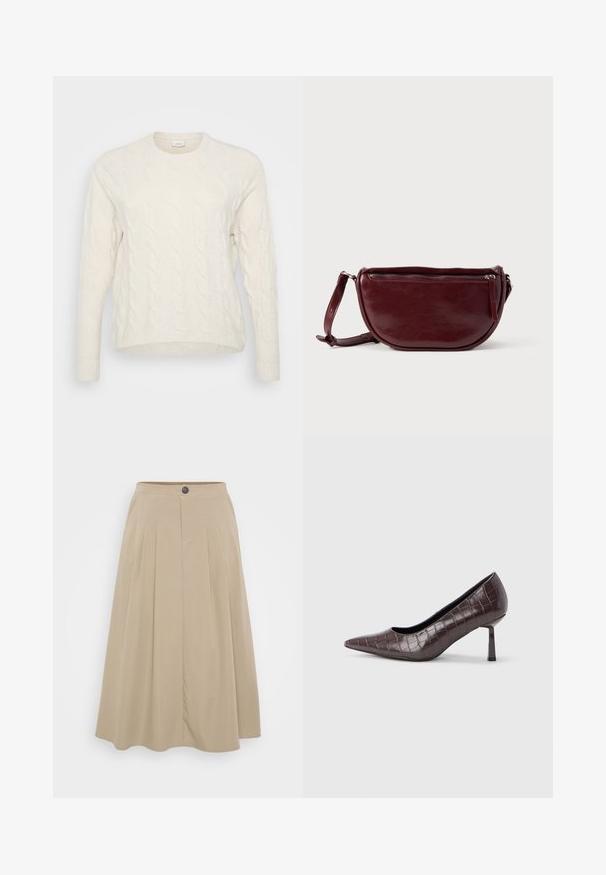 Valkoinen kabelineulepullover, jossa on pyöreä kaula-aukko, pitkät hihat ja ribbaamalla viimeistellyt hihansuut. Tekstuurissa on kohotettuja, toisiinsa kietoutuvia kuvioita.; Beige pleated skirt, joka on valmistettu pehmeästä kankaasta, jossa on istuva vyötärö nappisuljennalla ja virtaava A-linjan siluetti.; Ruskeat keinonahkaiset, kärjestä terävät korot, joissa krokotiilikuosinen pinta, ohut kulmikas kenkäkulma ja sileä sisäpinta.; Viininpunainen nahkainen käsilaukku, jossa on puolikuun muotoinen muoto, vetoketjullinen suljenta ja irrotettava hihna. Sileä pinta, jossa hienovarainen kiilto.