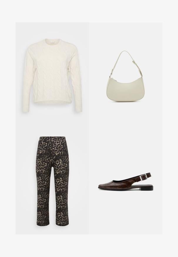 Hvid kabelstrikket sweater med rund halsudskæring, lange ærmer og ribbede manchetter. Teksturen har hævede, sammenflettede mønstre.; Løveprint bukser i sort og beige, med lige snit, elastisk talje og glat tekstur.; Mørkebrun læderslingback flad sko med firkantet tå, krokodille tekstur og sølvspænde på remmen.; Pieces PCALUANA SHOULDER BAG - Håndtasker - birch