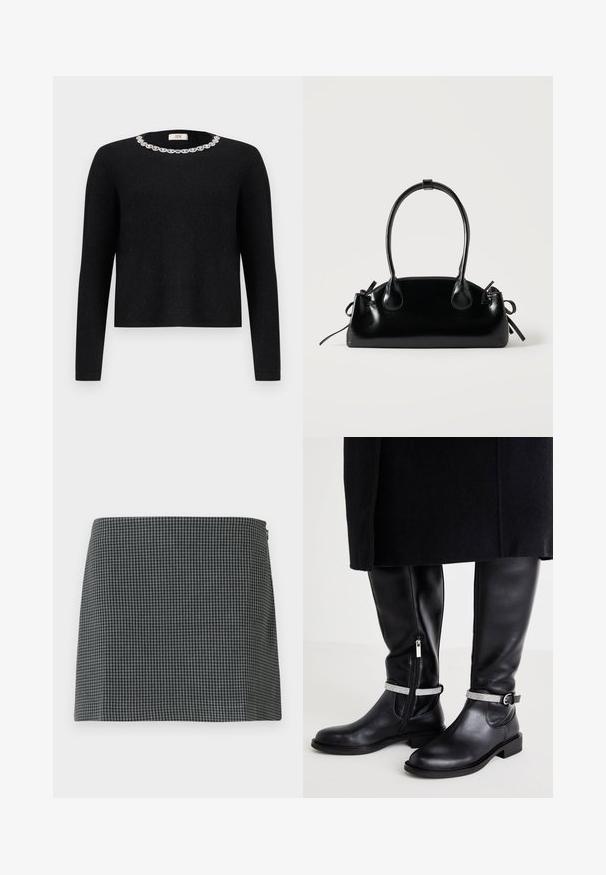 Sort sweater med lange ærmer og rund halsudskæring, der har en dekorativ krystaludsmykning omkring kraven. Blød tekstur.; Sort-hvid ternet nederdel lavet af stof med en glat tekstur. Har en lige silhuet og lynlåslukning i siden.; Sorte læderknæhøje støvler med en sidelukning, der har et sølvfarvet accentbånd om anklen og en lav blokhæl.; Lille sort blank håndtaske med to lange håndtag og snøre-detaljer i siden på en ensfarvet lys baggrund.