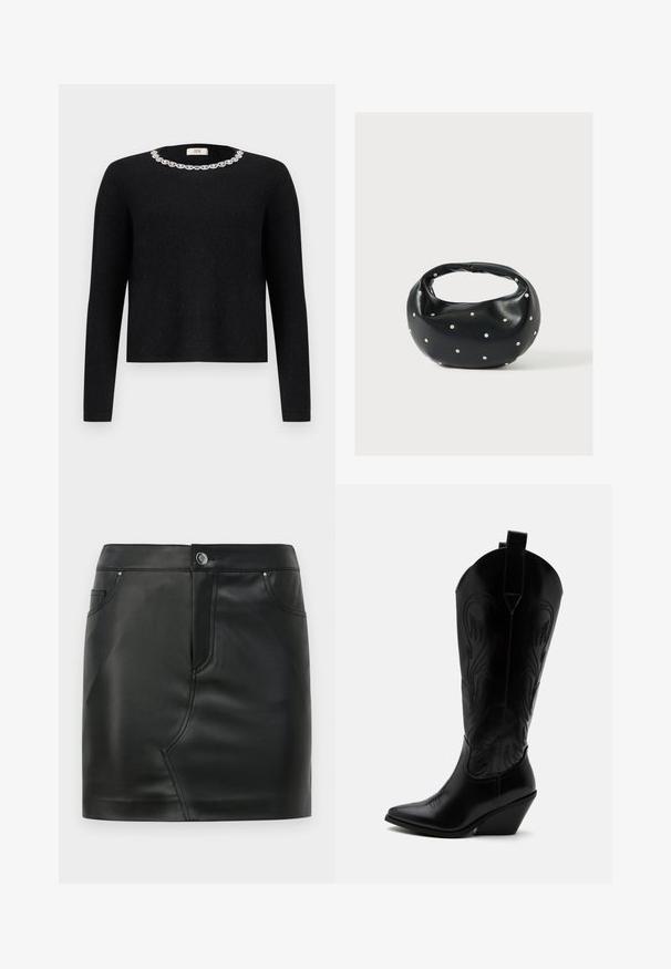 Suéter negro de manga larga con un escote redondo, que cuenta con un adorno decorativo de cristales alrededor del cuello. Textura suave.; Mini falda de imitación cuero negra con botones frontales, cierre de cremallera, bolsillos delanteros y traseros, y detalles de costura.; Bota de vaquero de cuero negro con punta puntiaguda, tacón bloqueado inclinado, costuras decorativas y lengüetas en la parte superior sobre fondo blanco.; Bolso de mano de cuero negro con forma redondeada, decorado con detalles de tachuelas plateadas y un asa corta. Textura lisa y cierre con cremallera.