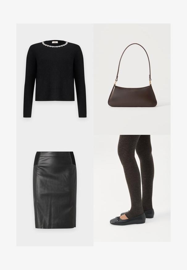 Suéter negro de manga larga con un escote redondo, que cuenta con un adorno decorativo de cristales alrededor del cuello. Textura suave.; falda lápiz de cuero negro con un diseño ajustado, textura suave y acentos de cintura elástica a ambos lados. Dobladillo recto en la parte inferior.; Piernas con leggings oscuros acanalados combinados con bailarinas negras que presentan pequeños detalles de lazo sobre un fondo blanco.; Bolso de mano de piel marrón oscura con cremallera superior curva y una correa fina para el hombro con cierres dorados sobre un fondo liso.