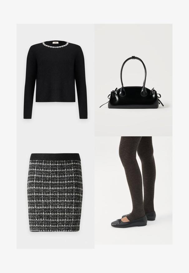 Pull noir à manches longues et col rond, orné d'une décoration en cristal autour du col. Texture douce.; Jupe à carreaux noir et blanc en tissu texturé, avec une taille noire et une silhouette cintrée.; Jambes portant des leggings côtelés foncés associés à des ballerines noires avec de petits détails en nœud sur fond blanc.; Petit sac à main noir brillant avec deux longues anses et des détails à cordon sur les côtés sur un fond clair uni.