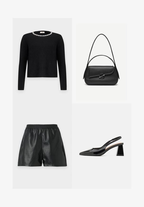 Sort sweater med lange ærmer og rund halsudskæring, der har en dekorativ krystaludsmykning omkring kraven. Blød tekstur.; Sorte shorts i kunstlæder med elastisk talje, der har en glat tekstur og løs pasform. Ingen synlige mønstre eller detaljer.; Sorte patent slingback hæle med spids tå, der har en unik geometrisk blokhæl og en glat tekstur. Justerbar rem for støtte.; Sort læderhåndtaske med afrundede kanter, asymmetrisk klap, metalcirkulært spænde samt både korte og lange skulderstropper.