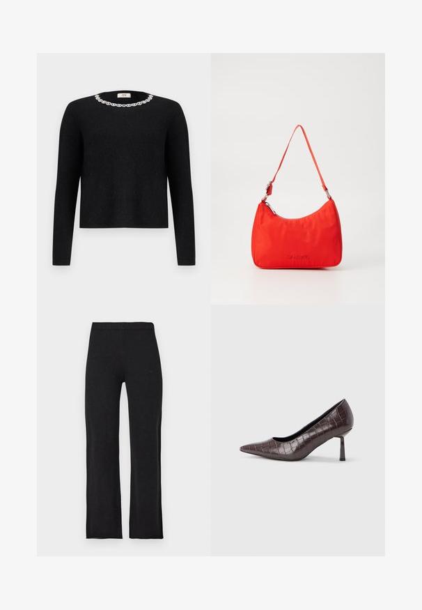 Pull noir à manches longues et col rond, orné d'une décoration en cristal autour du col. Texture douce.; Pantalon droit noir en maille avec taille élastique, présenté à plat sur fond clair.; Escarpins à bout pointu en similicuir marron avec une texture crocodile, dotés d’un talon fin et angulaire ainsi que d’une doublure intérieure lisse.; Sac à main en nylon rouge avec une silhouette courbée, une seule anse, des accessoires en métal argenté et un logo embossé à l'avant. Texture lisse.