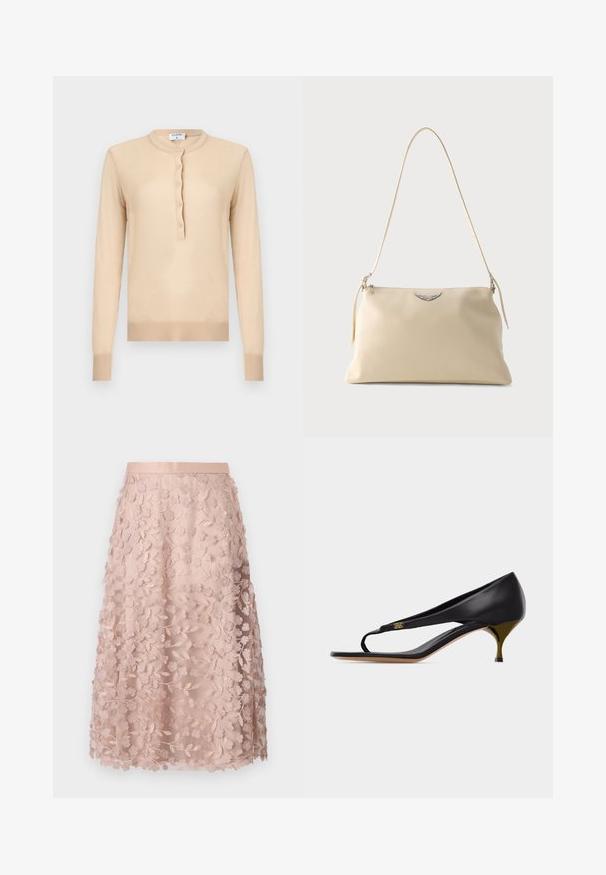 Beige langærmet sweater med ribstrikkede manchetter og kant, der har rund halsudskæring og en fem-knaps lukning ned foran i midten.; Blonder midi-nederdel i blød pink med blomstermotiver, der har en tætsiddende linning og lagdelt design, hvilket fremhæver en delikat struktur.; Sort læderkilesandal med tynd tårem og guldemblem-detalje på siden.; Kremfarvet læder skuldertaske med et sølvvinget emblem og en tynd rem mod en ensfarvet baggrund.