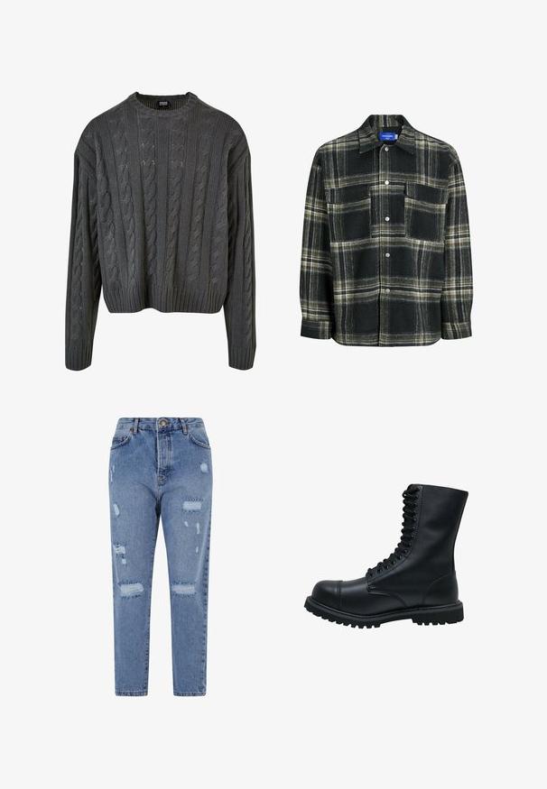 Jersey de punto trenzado en gris oscuro con cuello redondo, hombros caídos y dobladillo acanalado. Presenta patrones texturizados en toda su superficie.; Camisa de cuadros negra y verde hecha de un material similar a la lana, con cierre de botones en el frente, cuello, dos bolsillos en el pecho y mangas largas.; Vaqueros de mezclilla de color azul claro con una cintura alta, pierna recta y un diseño desgastado que presenta desgarros y bordes deshilachados en toda la prenda.; Botín de cuero negro con cordones, punta redonda, caña alta, suela de goma gruesa y superficie texturizada. Presenta costuras reforzadas a lo largo de las uniones.
