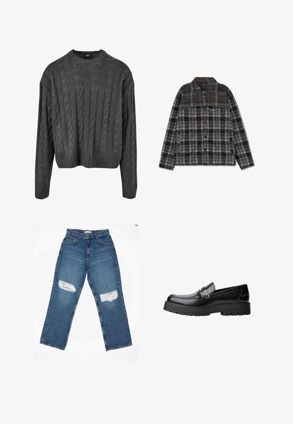 Cable-strikket pullover i mørkegrå med rund halsudskæring, drop-skulder og ribbet bund. Har teksturerede mønstre overalt.; Plaid flannel skjortejakke med jordfarver i brun, sort og grå, med knaplukning fortil, to sidelommer og en blød tekstur.; Lyseblå denimjeans med lige ben, der har to slidte knælapper og standard fem-lomme design.; Sort læderloafer med kraftig sål og dekorativ rem henover, vist i venstre sideprofil på hvid baggrund.