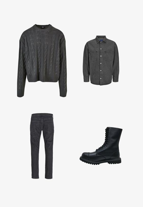 Pull-over en maille torsadée de couleur gris foncé, avec un col rond, des épaules tombantes et un ourlet côtelé. Présente des motifs texturés sur l'ensemble.; Veste en denim noir avec un devant à boutons, deux poches poitrine et des manches longues. Dispose d'un col pointu et de pressions argentées.; Jean droit gris foncé vu de dos avec deux poches arrière et des passants de ceinture sur la taille.; Bottines en cuir noir à lacets avec un bout rond, une tige haute, une semelle en caoutchouc épaisse et une surface texturée. Comprend des piqûres renforcées le long des coutures.